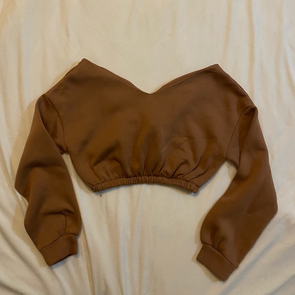 Off the Shoulder V-Neck BooHoo Crop Sweatshirt - Picture 2 of 2